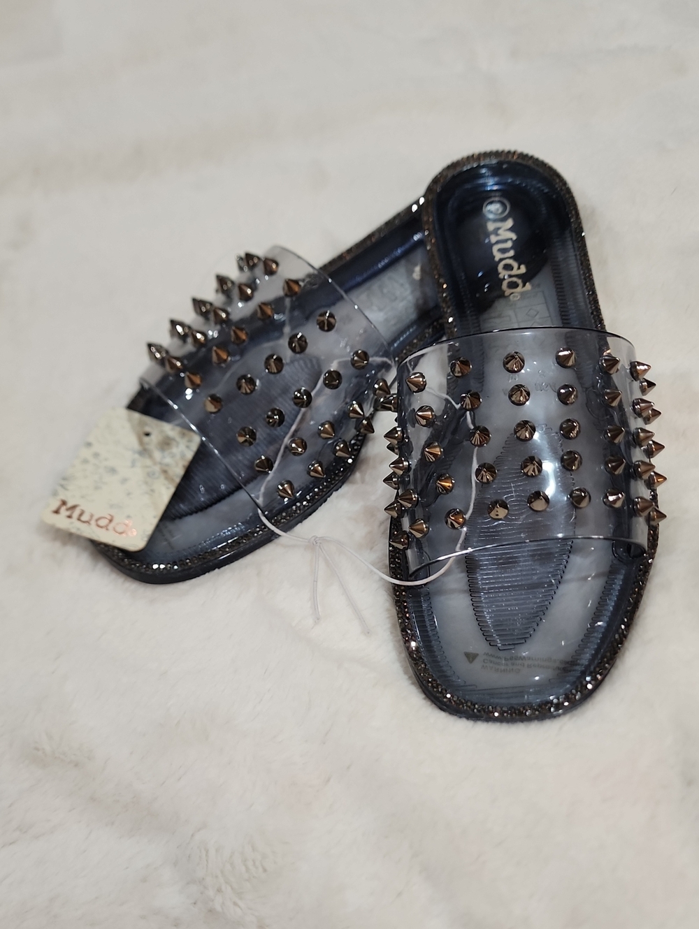 NEW Mudd Transparent Gray Studded Rhinestone Jelly Slide Sandals, Size 8